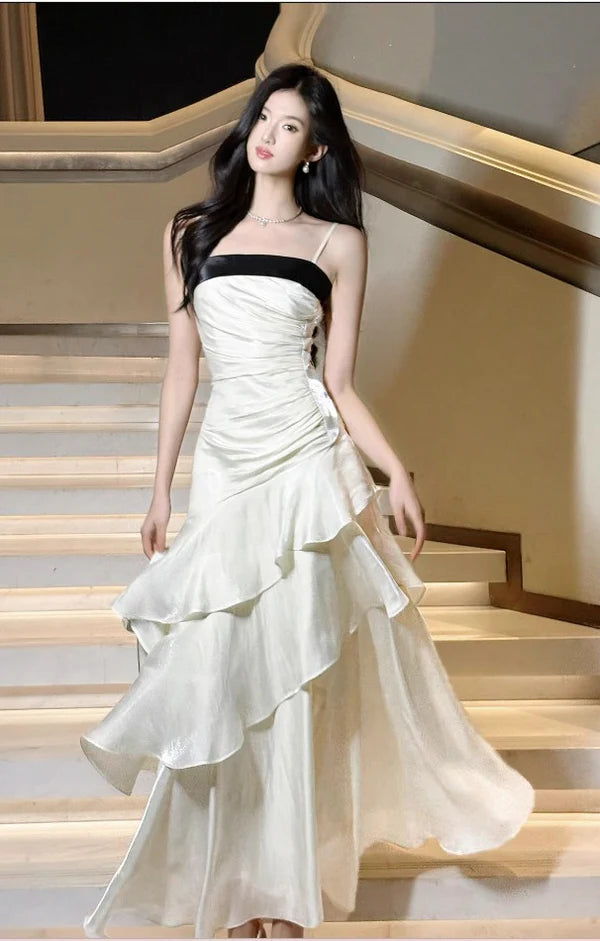 Elegant Mermaid Straps Layered White Satin Prom Dress Cocktail Dress DP2670