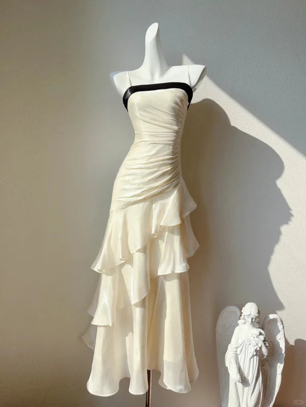 Elegant Mermaid Straps Layered White Satin Prom Dress Cocktail Dress DP2670