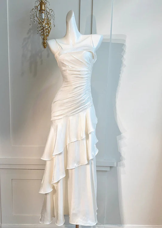 Elegant Mermaid Straps Layered White Satin Prom Dress Cocktail Dress DP2670