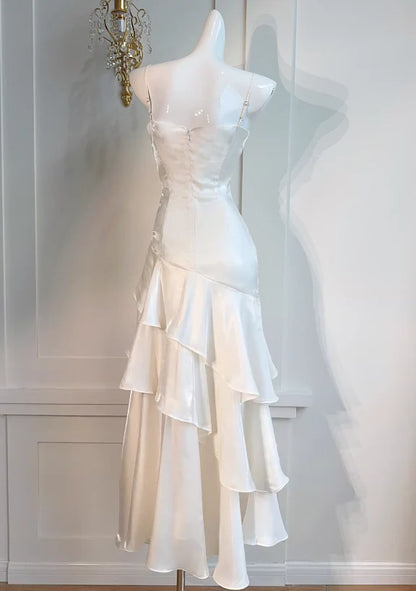 Elegant Mermaid Straps Layered White Satin Prom Dress Cocktail Dress DP2670