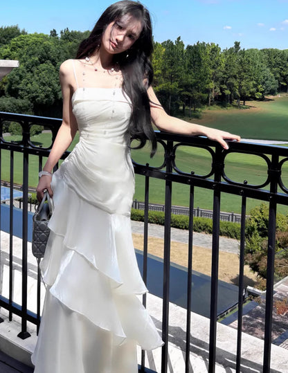 Elegant Mermaid Straps Layered White Satin Prom Dress Cocktail Dress DP2670