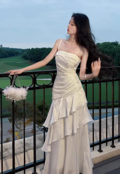 Elegant Mermaid Straps Layered White Satin Prom Dress Cocktail Dress DP2670