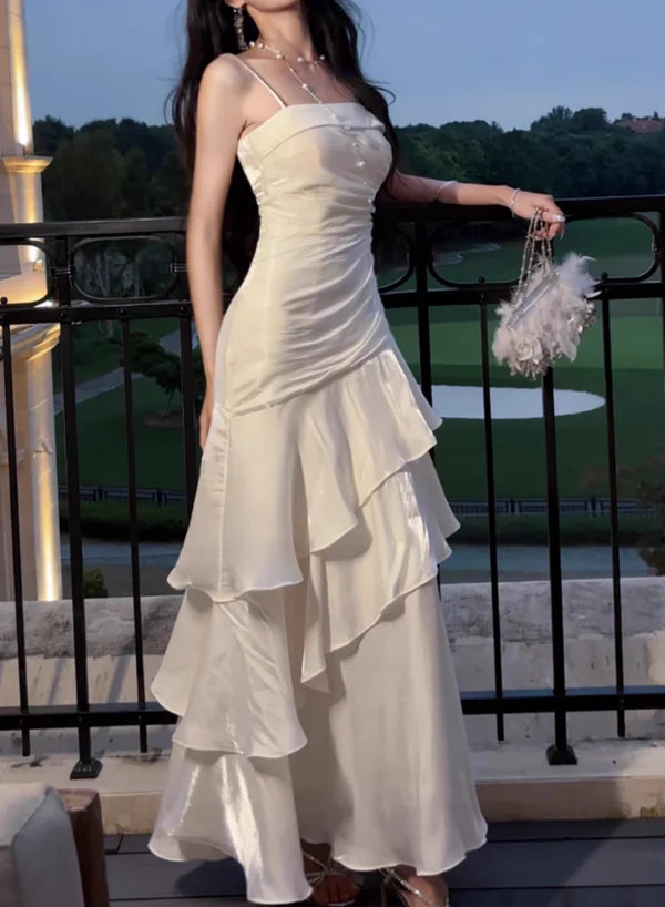 Elegant Mermaid Straps Layered White Satin Prom Dress Cocktail Dress DP2670