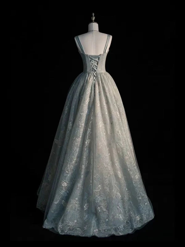 Sweet A Line Spaghetti Straps Satin Tulle Embroidery Long Prom Dresses With Applique DP2667