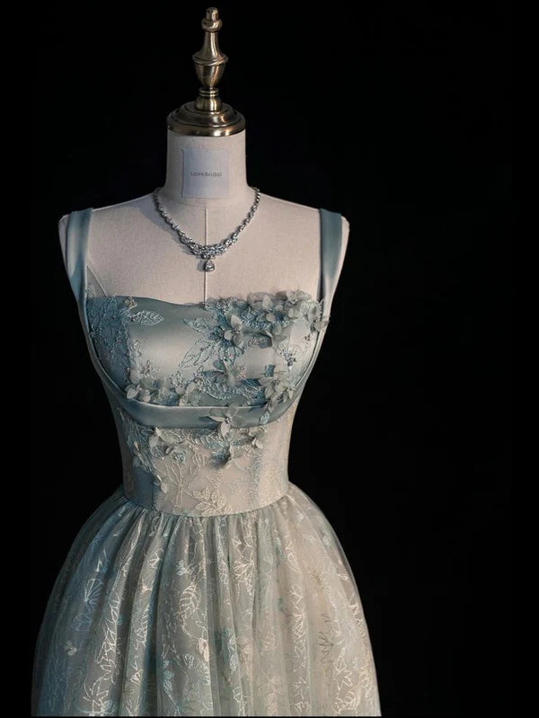 Sweet A Line Spaghetti Straps Satin Tulle Embroidery Long Prom Dresses With Applique DP2667