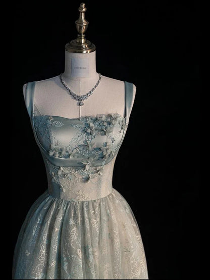 Sweet A Line Spaghetti Straps Satin Tulle Embroidery Long Prom Dresses With Applique DP2667
