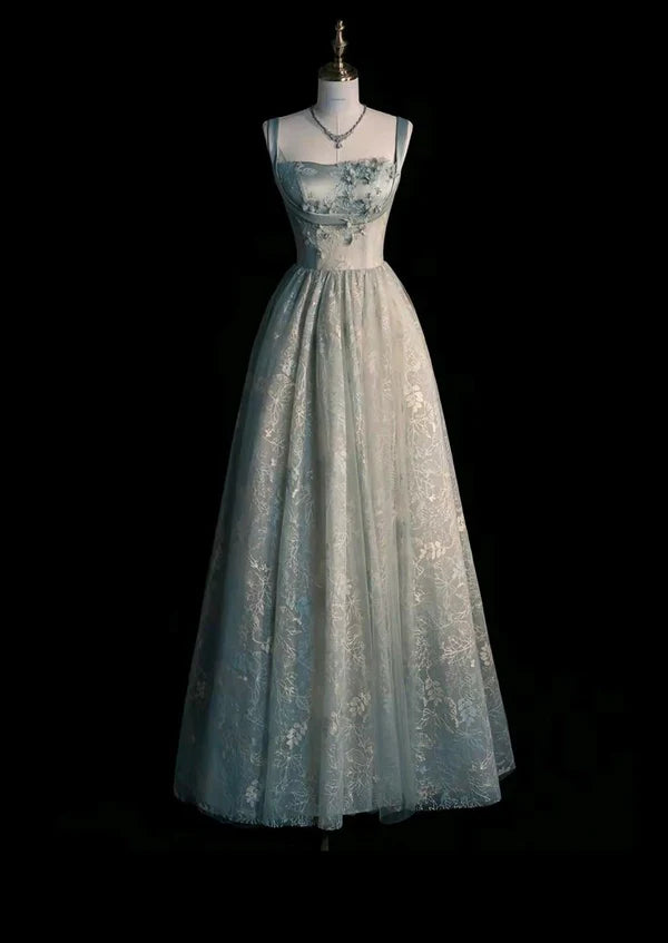 Sweet A Line Spaghetti Straps Satin Tulle Embroidery Long Prom Dresses With Applique DP2667