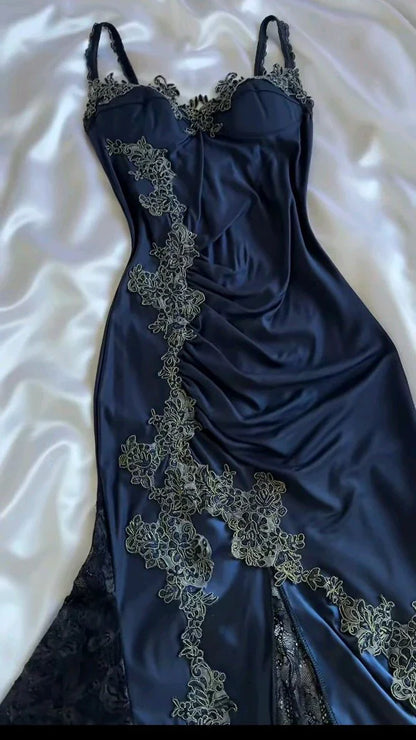 Elegant Navy Blue Spaghetti Straps Mermaid Satin Appliques Prom Dresses Party Dresses DP2666