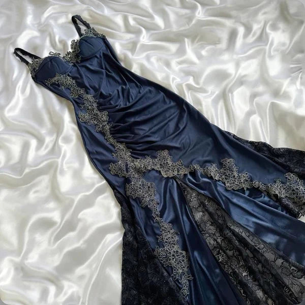 Elegant Navy Blue Spaghetti Straps Mermaid Satin Appliques Prom Dresses Party Dresses DP2666