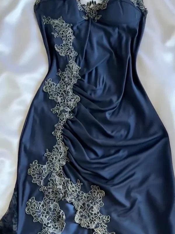Elegant Navy Blue Spaghetti Straps Mermaid Satin Appliques Prom Dresses Party Dresses DP2666