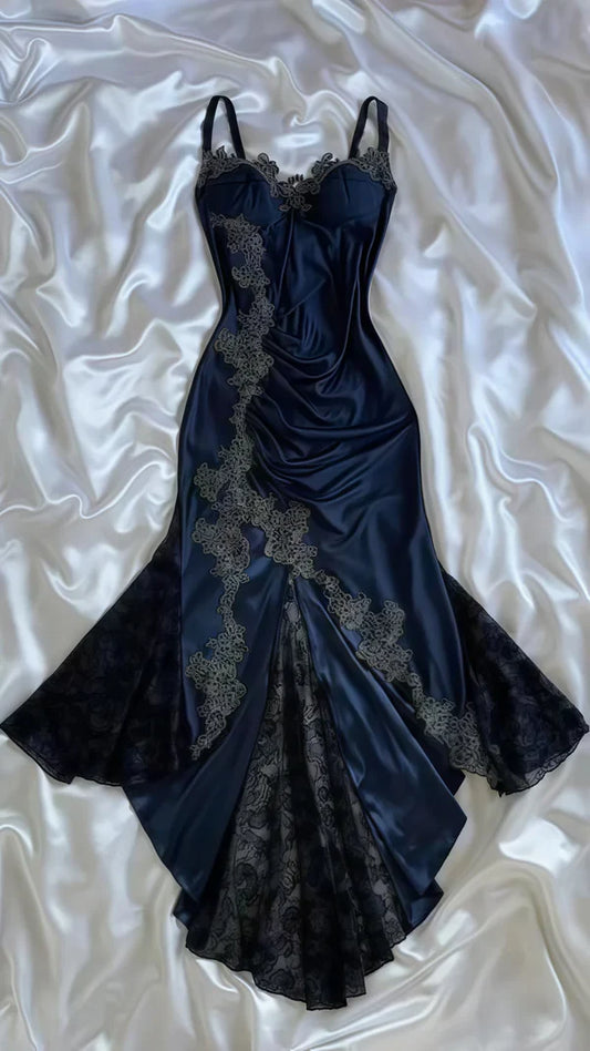 Elegant Navy Blue Spaghetti Straps Mermaid Satin Appliques Prom Dresses Party Dresses DP2666