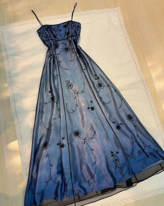 Vintage Blue Gradient Prom Dress for Birthday,Graduation90s Backless Romantic Beaded Evening Dress for Quinceañera DP2124