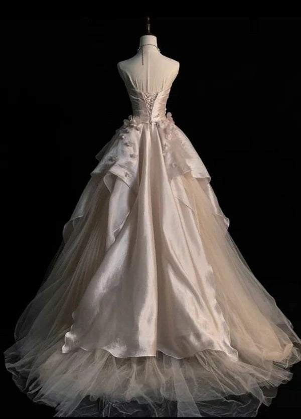 Sweet Pink A Line Tulle Satin Long Prom Dresses Strapless Applique Wedding Dresses DP2668