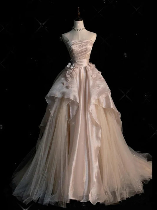 Sweet Pink A Line Tulle Satin Long Prom Dresses Strapless Applique Wedding Dresses DP2668