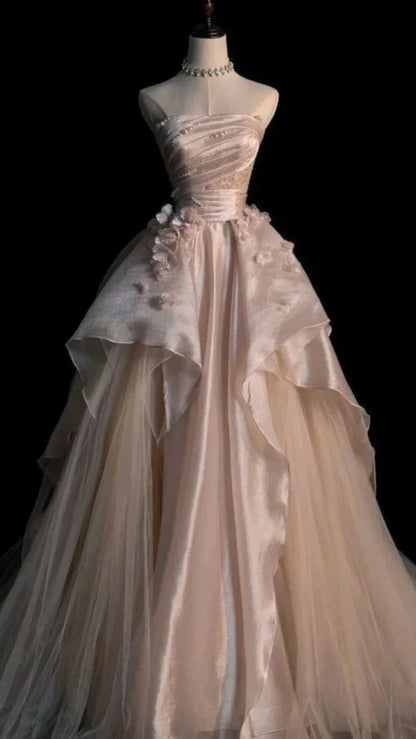 Sweet Pink A Line Tulle Satin Long Prom Dresses Strapless Applique Wedding Dresses DP2668
