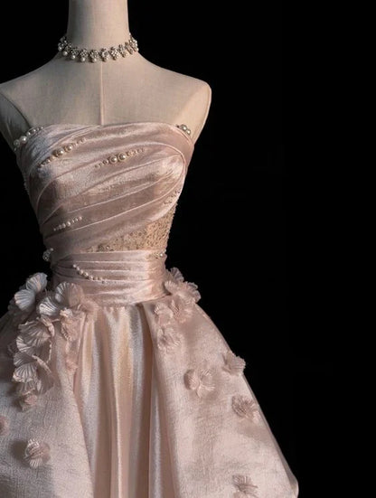 Sweet Pink A Line Tulle Satin Long Prom Dresses Strapless Applique Wedding Dresses DP2668