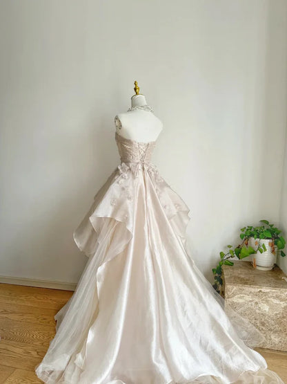 Sweet Pink A Line Tulle Satin Long Prom Dresses Strapless Applique Wedding Dresses DP2668