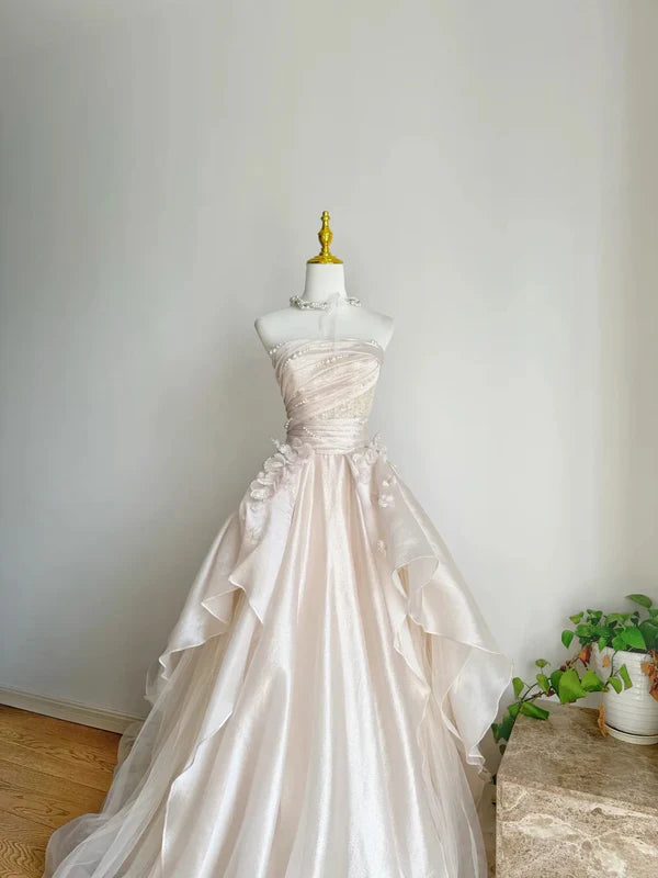 Sweet Pink A Line Tulle Satin Long Prom Dresses Strapless Applique Wedding Dresses DP2668