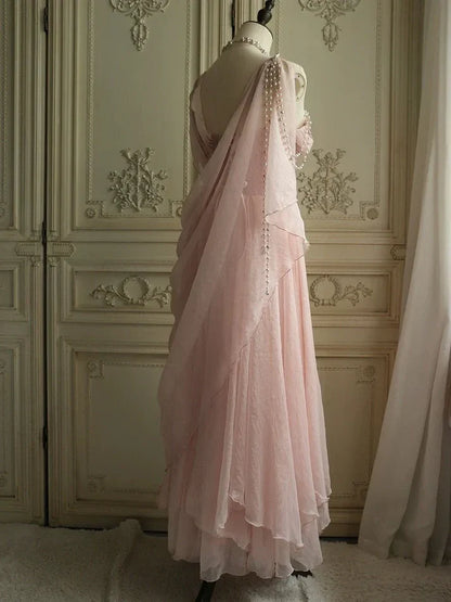 Lovely Pink Chiffon Prom Dress Princess Pearls Spaghetti Straps Evening Gown DP2238
