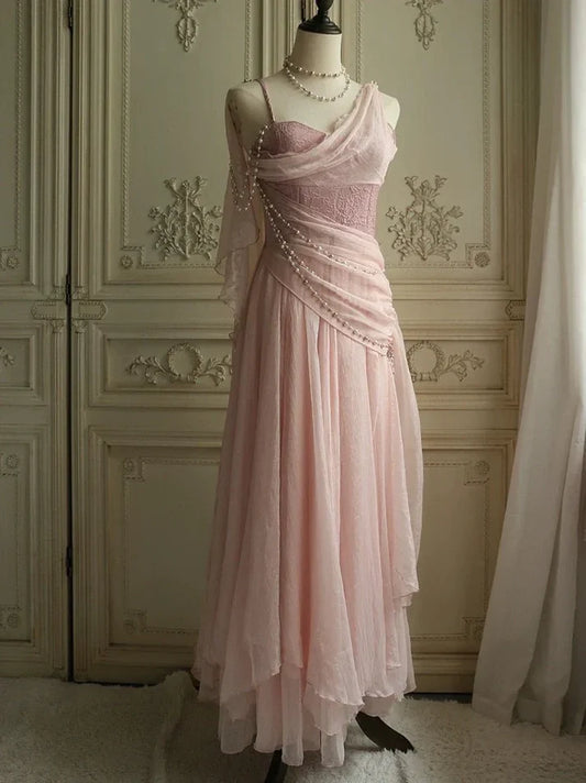 Lovely Pink Chiffon Prom Dress Princess Pearls Spaghetti Straps Evening Gown DP2238