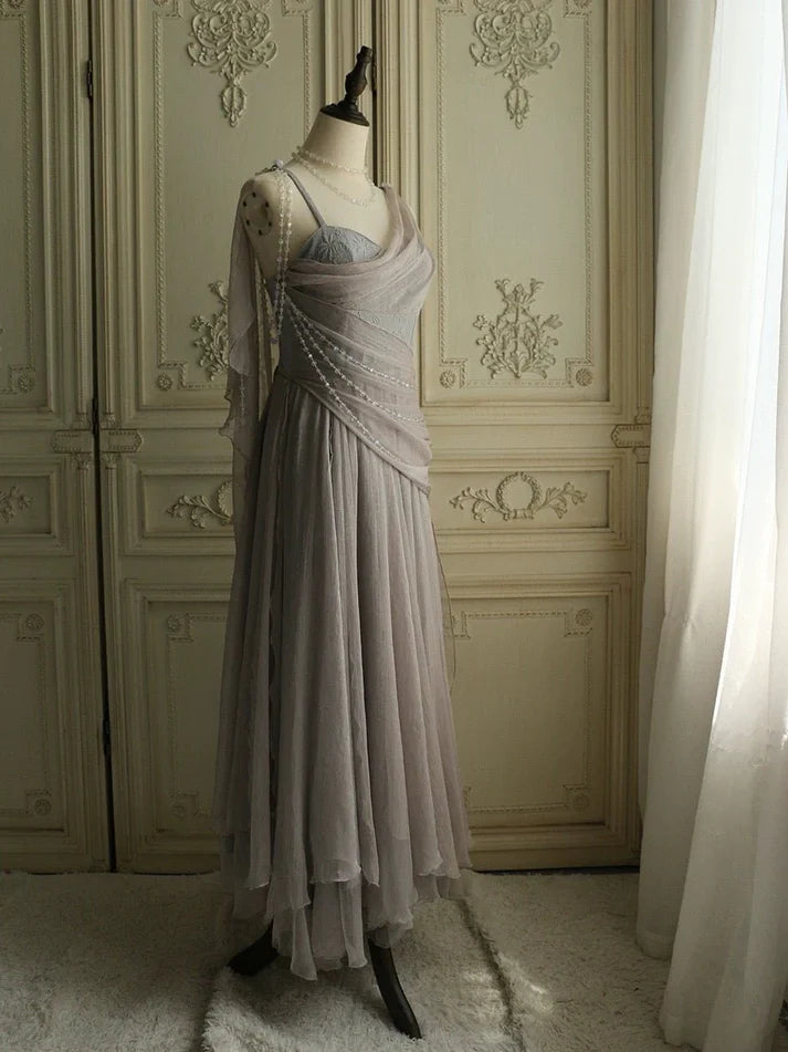 Lovely Pink Chiffon Prom Dress Princess Pearls Spaghetti Straps Evening Gown DP2238