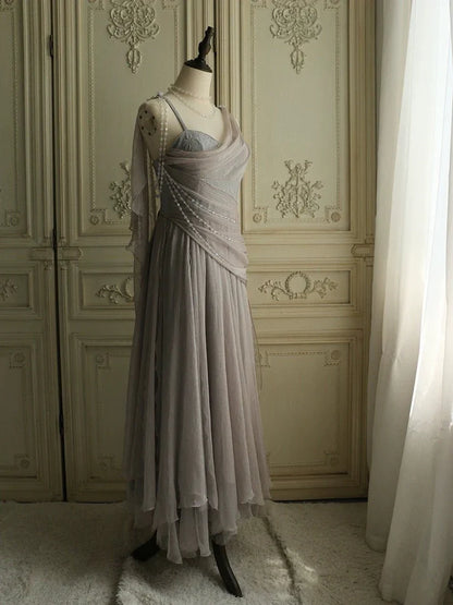 Lovely Pink Chiffon Prom Dress Princess Pearls Spaghetti Straps Evening Gown DP2238