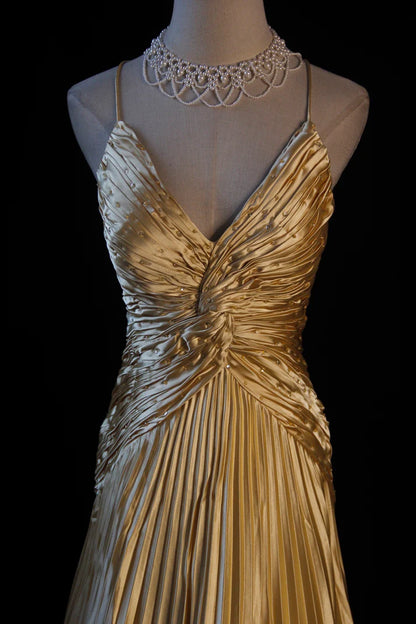Yellow A Line Spaghetti Strap Beaded Satin Long Prom Dress Graduation Prom Dress DP1962