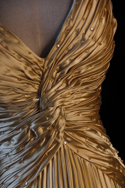 Yellow A Line Spaghetti Strap Beaded Satin Long Prom Dress Graduation Prom Dress DP1962