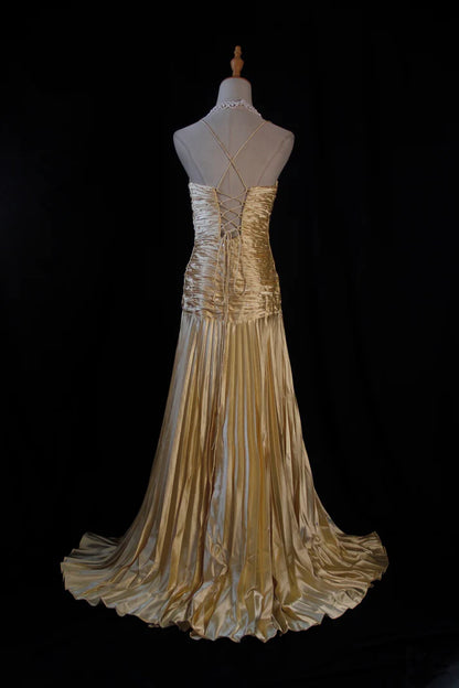 Yellow A Line Spaghetti Strap Beaded Satin Long Prom Dress Graduation Prom Dress DP1962
