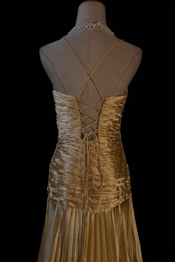 Yellow A Line Spaghetti Strap Beaded Satin Long Prom Dress Graduation Prom Dress DP1962