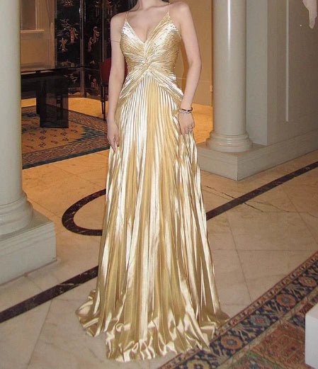 Yellow A Line Spaghetti Strap Beaded Satin Long Prom Dress Graduation Prom Dress DP1962