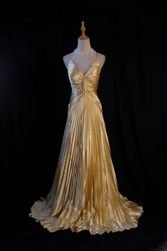 Yellow A Line Spaghetti Strap Beaded Satin Long Prom Dress Graduation Prom Dress DP1962