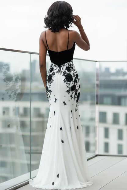 Mermaid Spaghetti Straps Lace Applique Chiffon Prom Dress Evening Dress DP7619
