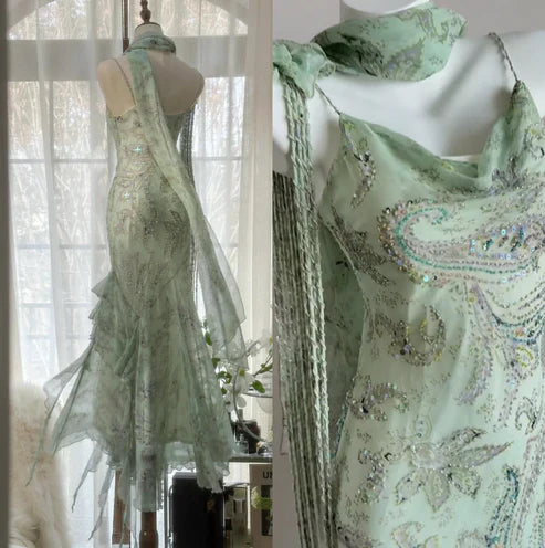 Brown Mermaid Spaghetti Strap Beaded Chiffon Long Party Dress Evening Dress DP2342