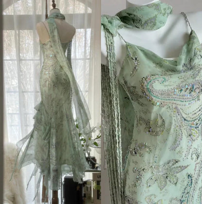 Brown Mermaid Spaghetti Strap Beaded Chiffon Long Party Dress Evening Dress DP2342