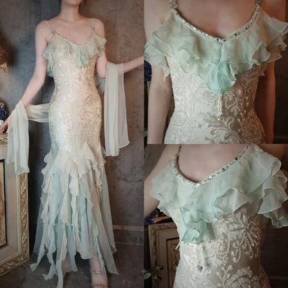 Gentle Mermaid Spaghetti Strap Mint Green Chiffon Long Prom Dress Graduation Prom Dress DP1961