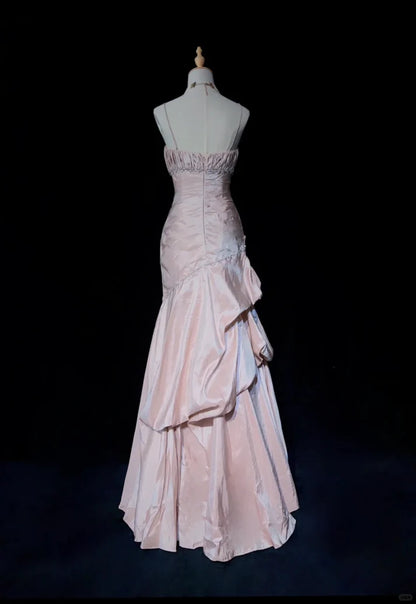 Gentle Pink Mermaid Evening Dress Spaghetti Straps Satin Layered Pleated Prom Dress with Beading DP2237