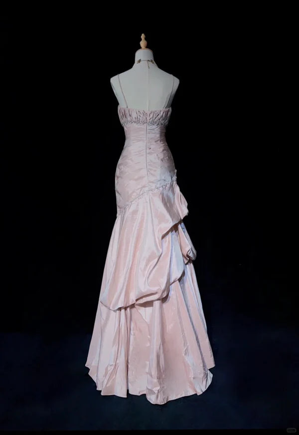 Gentle Pink Mermaid Evening Dress Spaghetti Straps Satin Layered Pleated Prom Dress with Beading DP2669