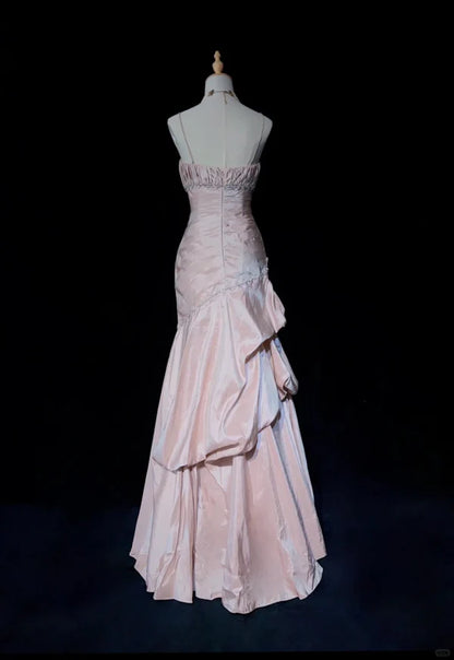 Gentle Pink Mermaid Evening Dress Spaghetti Straps Satin Layered Pleated Prom Dress with Beading DP2669