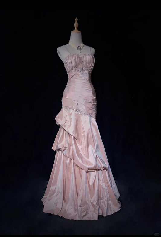 Gentle Pink Mermaid Evening Dress Spaghetti Straps Satin Layered Pleated Prom Dress with Beading DP2669