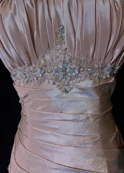 Gentle Pink Mermaid Evening Dress Spaghetti Straps Satin Layered Pleated Prom Dress with Beading DP2669