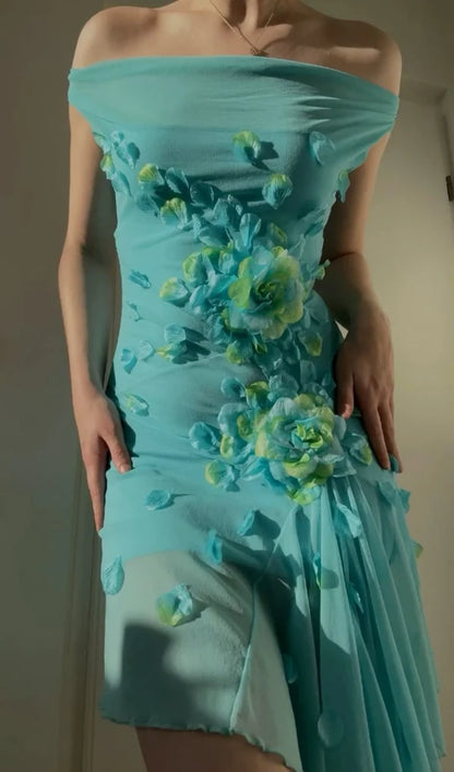 Sweet 16 Blue Off-shoulder Chiffon Bodycon Short Party Dresses 3D Applique Enchanted Homecoming Dresses DP7536