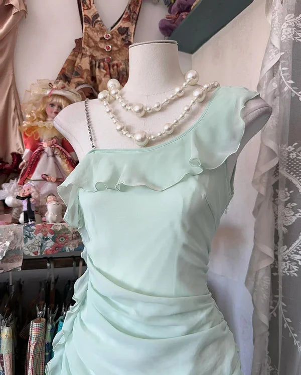 Mint Green A Line Straps Pleated Ruffle Chiffon Short Homecoming Dresses Cocktail Dress Outfits DP3253
