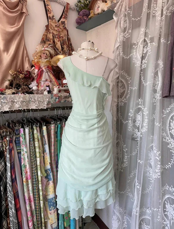 Mint Green A Line Straps Pleated Ruffle Chiffon Short Homecoming Dresses Cocktail Dress Outfits DP3253