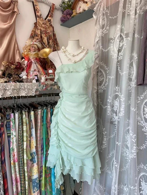 Mint Green A Line Straps Pleated Ruffle Chiffon Short Homecoming Dresses Cocktail Dress Outfits DP3253