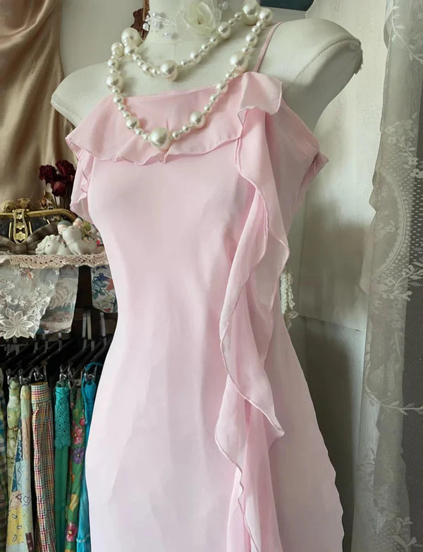Gentle Light Pink Mermaid Straps Ruffle Chiffon Homecoming Dresses Cocktail Dress Outfits DP3254