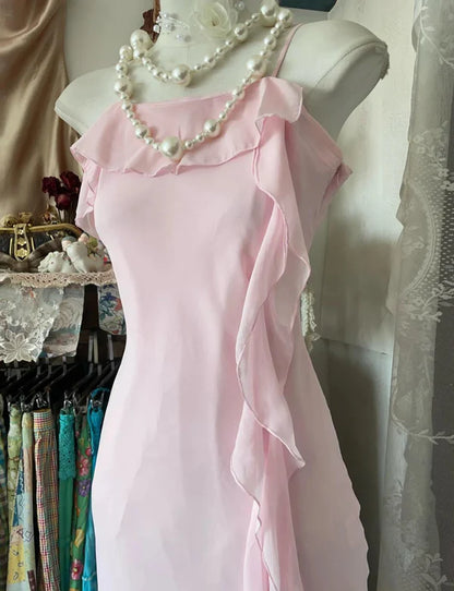 Gentle Light Pink Mermaid Straps Ruffle Chiffon Homecoming Dresses Cocktail Dress Outfits DP3254