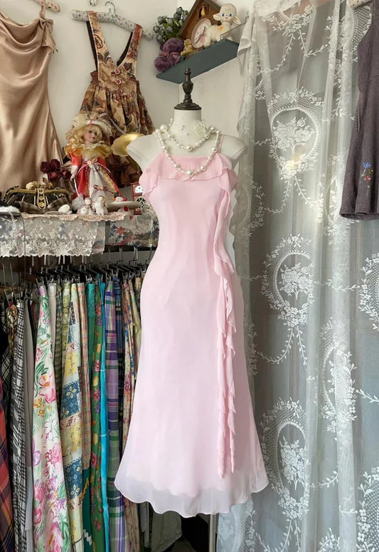 Gentle Light Pink Mermaid Straps Ruffle Chiffon Homecoming Dresses Cocktail Dress Outfits DP3254
