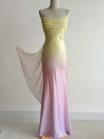 Fairytale Gradient Yellow Pink Spaghetti Straps Mermaid Satin Prom Dresses Vintage Evening Gowns DP4217