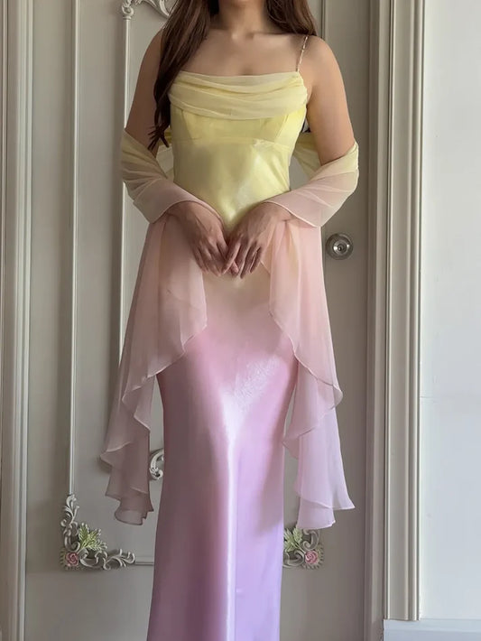Fairytale Gradient Yellow Pink Spaghetti Straps Mermaid Satin Prom Dresses Vintage Evening Gowns DP4217